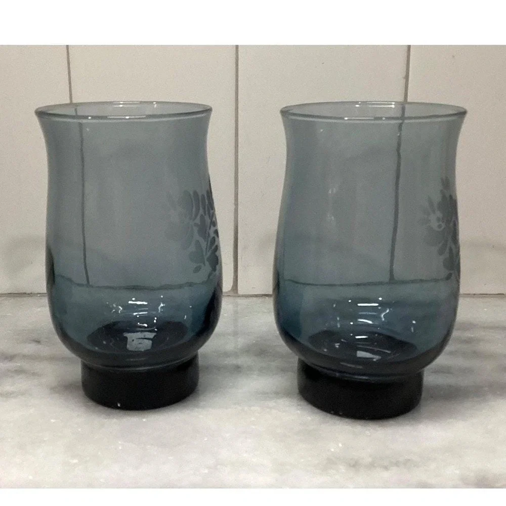 Pfaltzgraff Yorktowne Blue Tumblers, Set of 2, Vintage Etched Floral Design‎